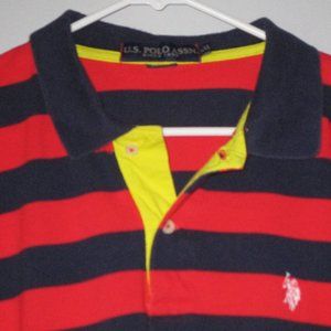 Polo USA Golf Shirt / Red, & Dard Blue striped, some yellow trim